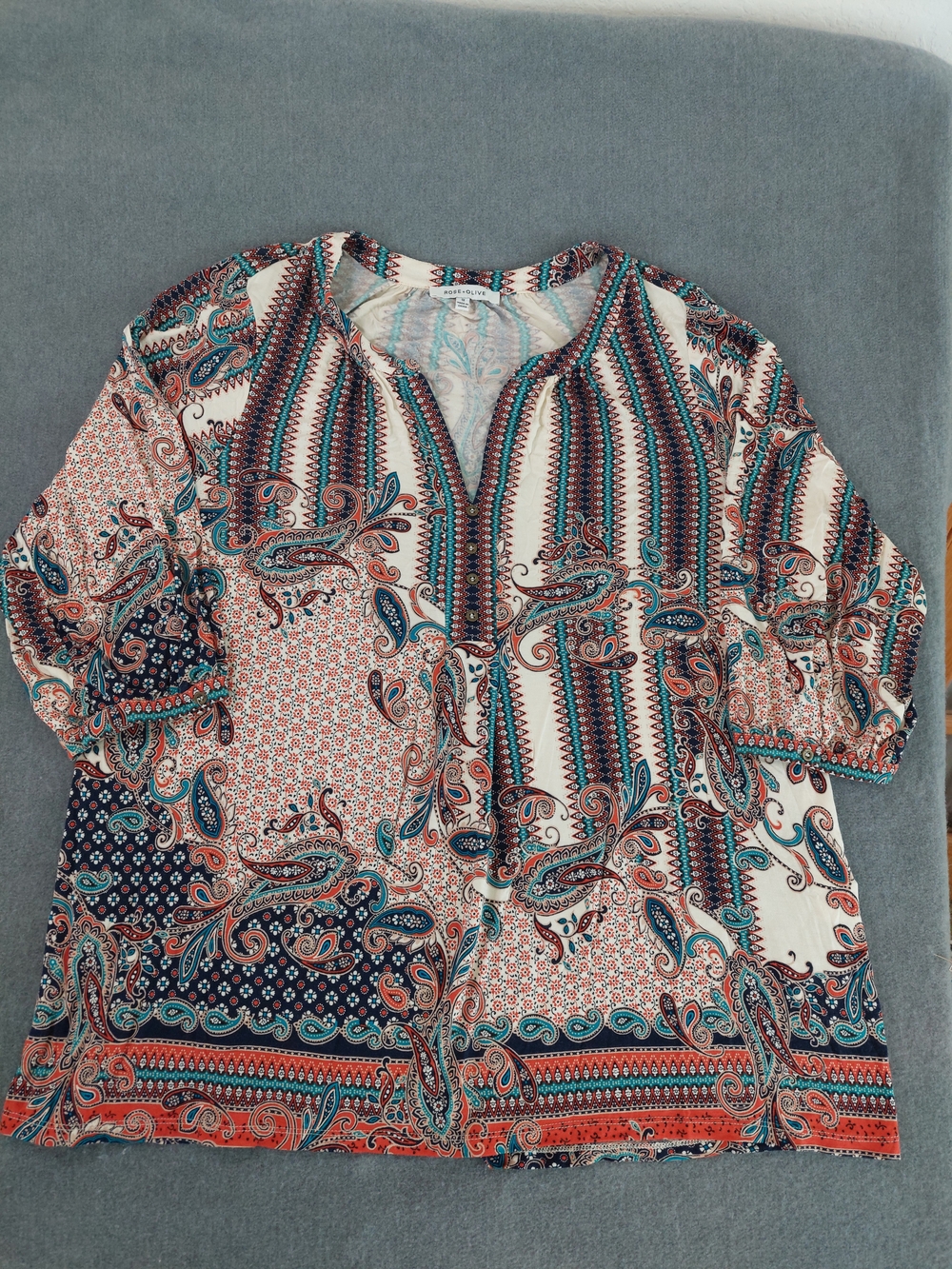 Rose + Olive Women 1X Paisley Henley Tunic Top Boho Stretch 3/4 Sleeve Blouse - Picture 2 of 8